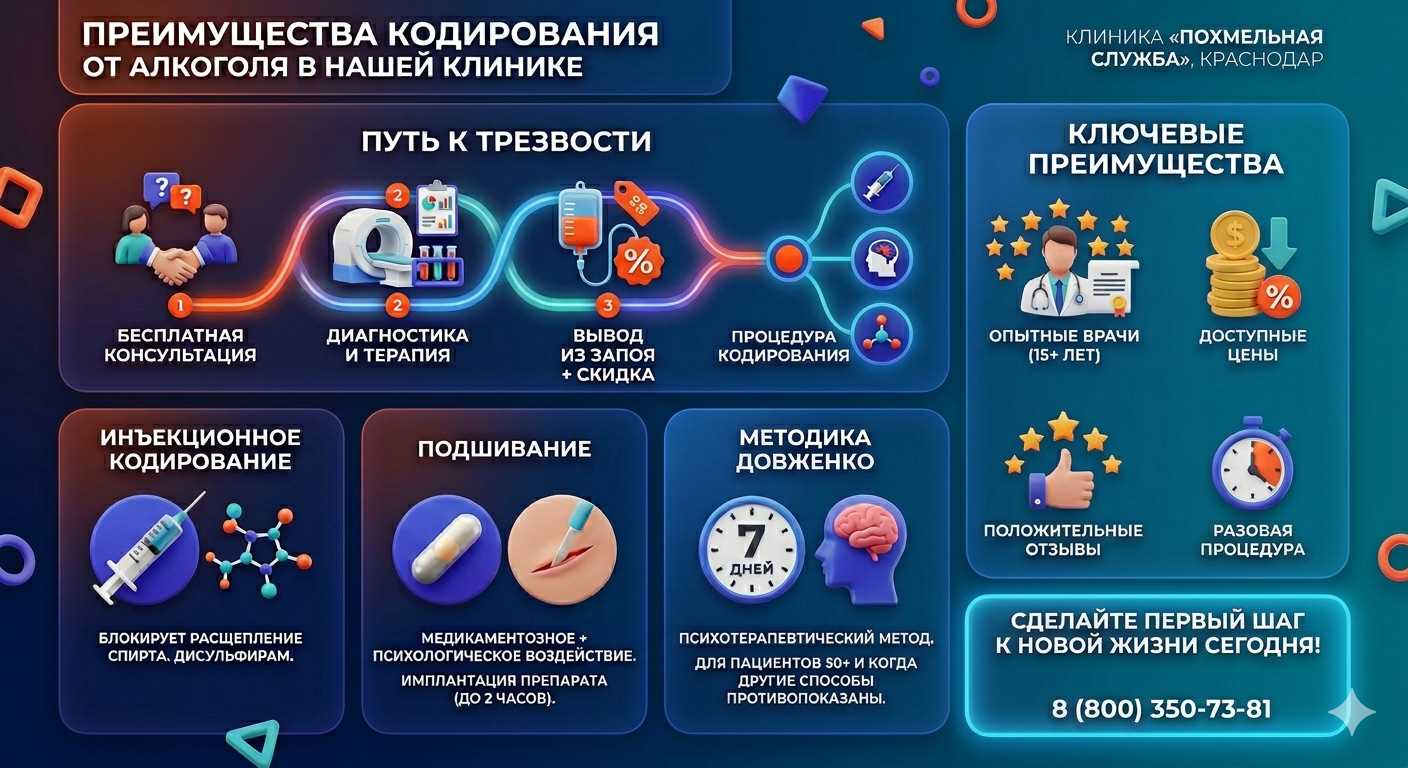 Инфографика о методах кодирования от алкоголя в Поворино: инъекции, подшивание, метод Довженко. Преимущества клиники и этапы лечения.