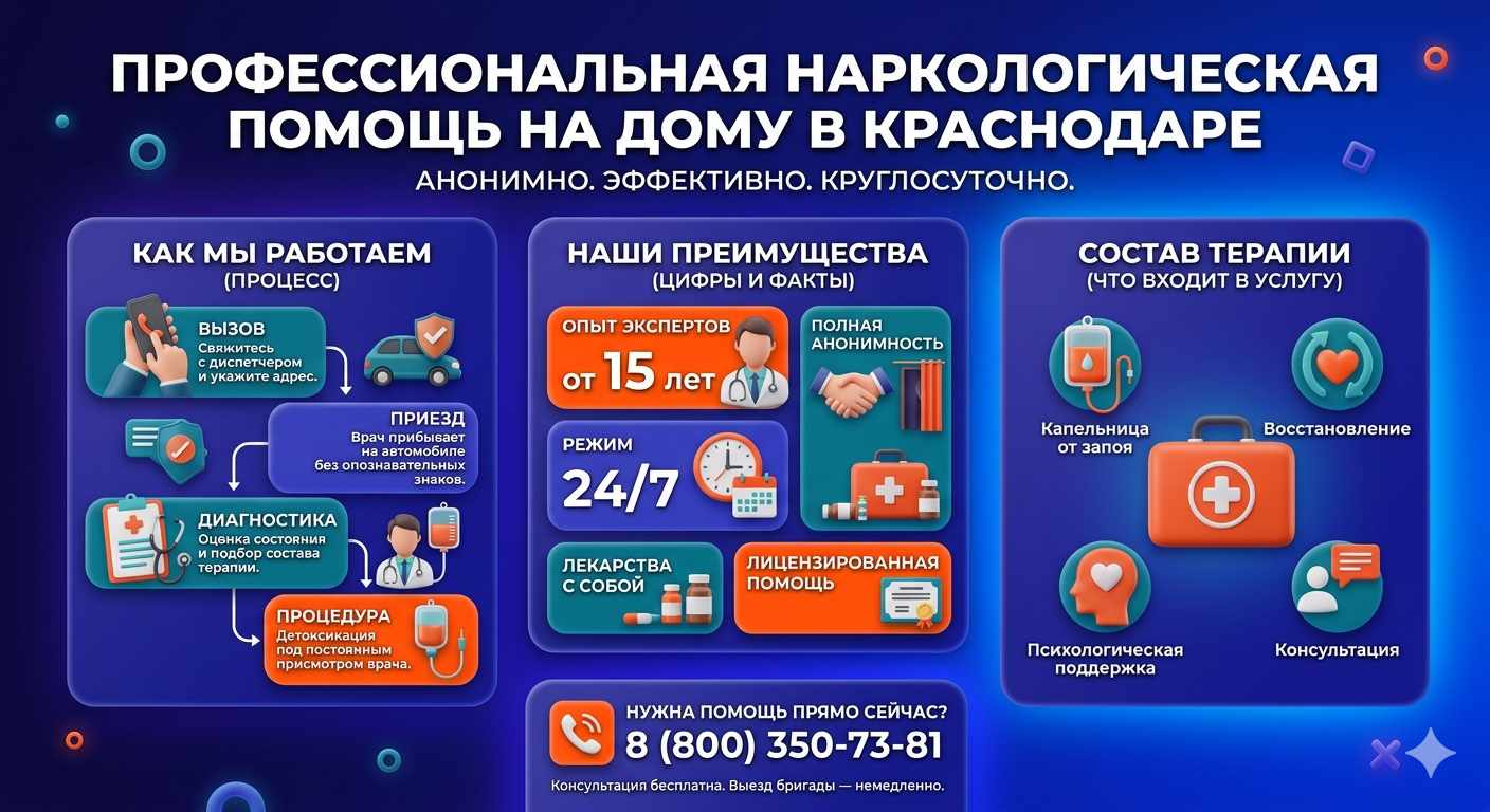 Инфографика о принципах лечения алкоголизма на дому в Поворино: этапы вызова нарколога, преимущества анонимной детоксикации и состав медицинской помощи.